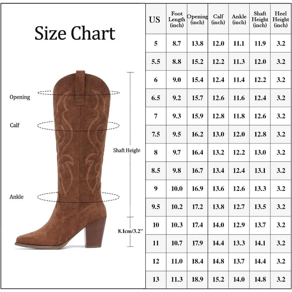 Women Brown Suede Western Knee High Cowgirl Boots with Side Zipper Retro Pointed